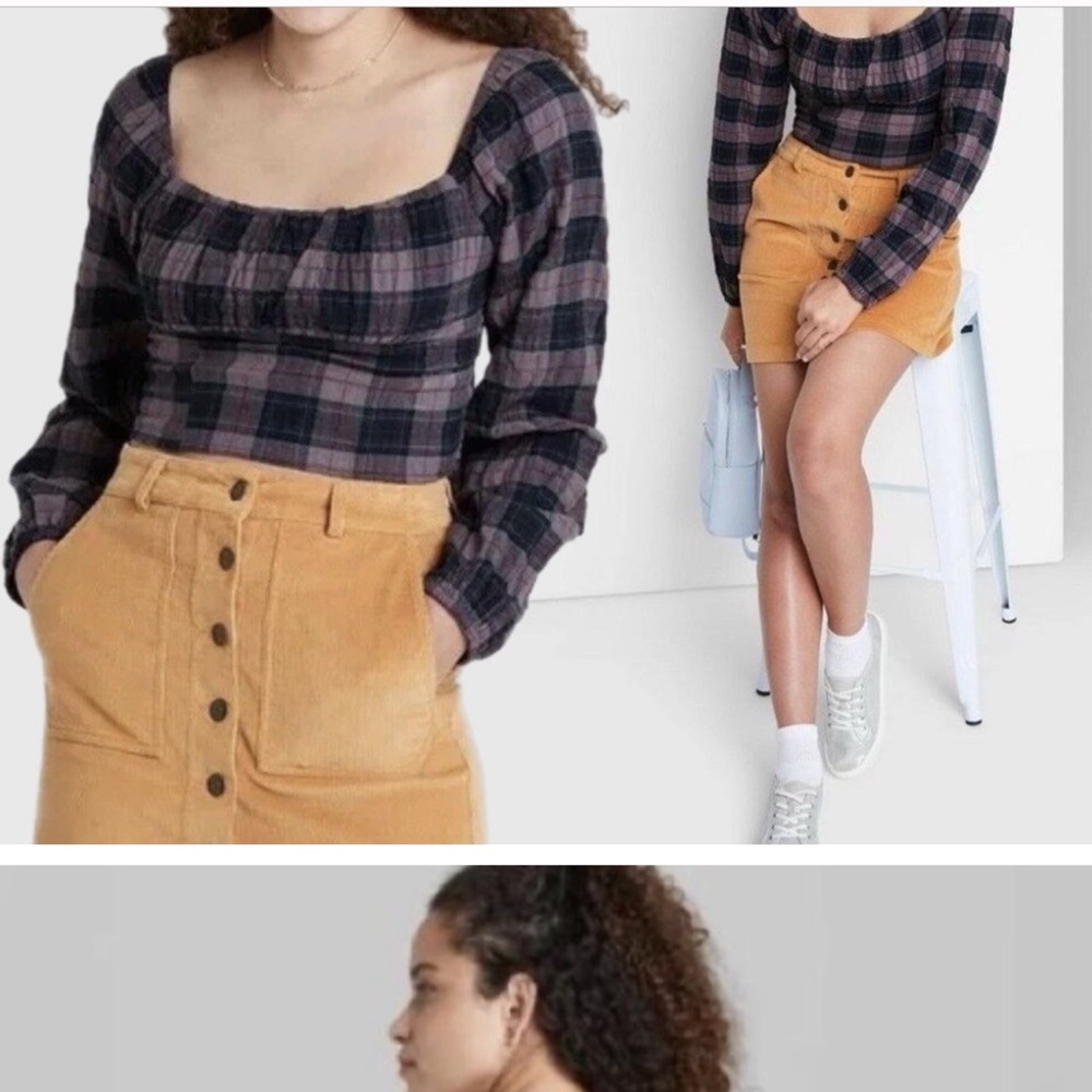 Women’s XL Purple Cropped Plaid Flannel Shirt Long Puff Sleeve Smock Square neck